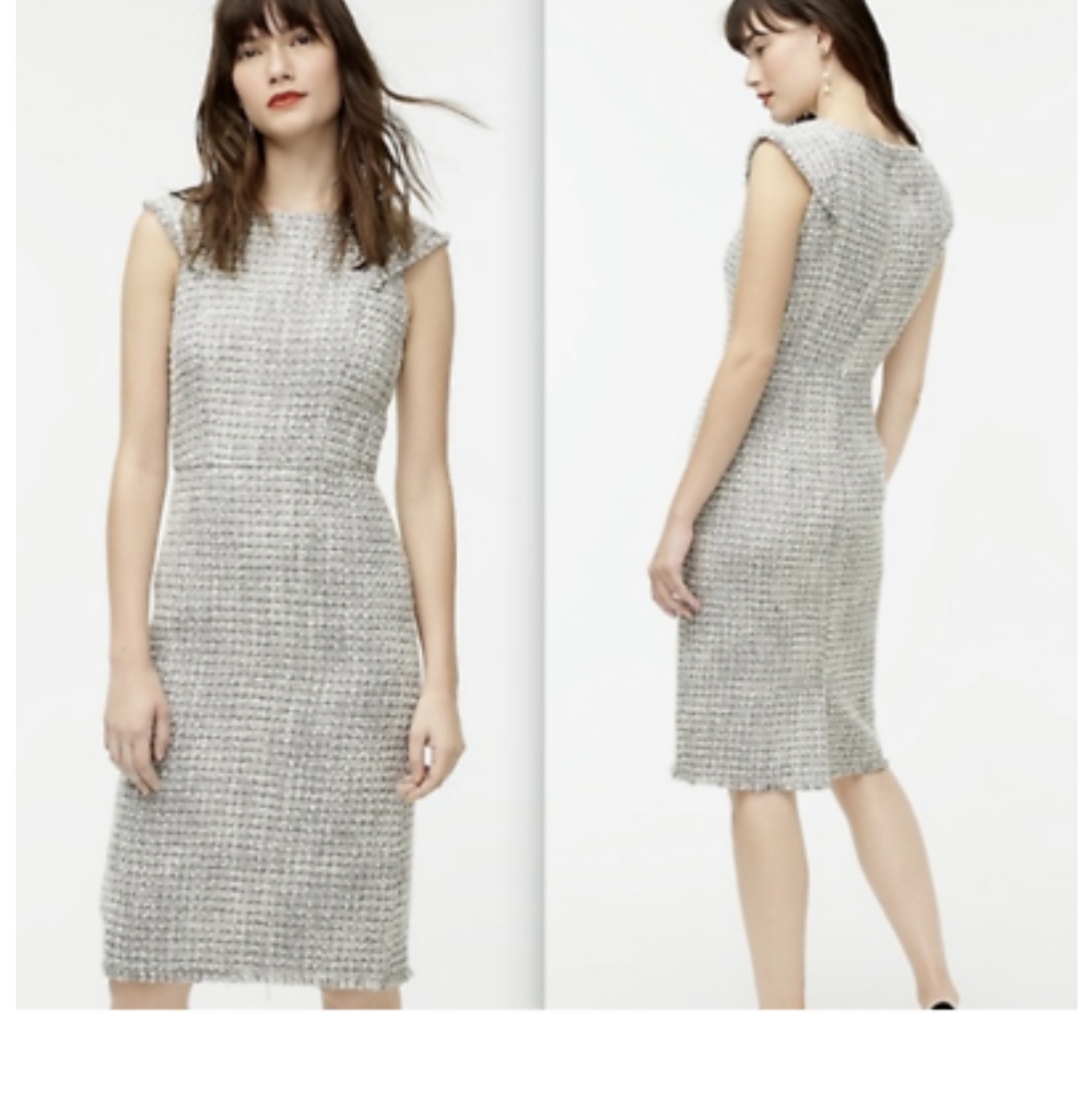 J Crew Dress 4 Gray Metallic Tweed Cap Short Sleeve Sheath